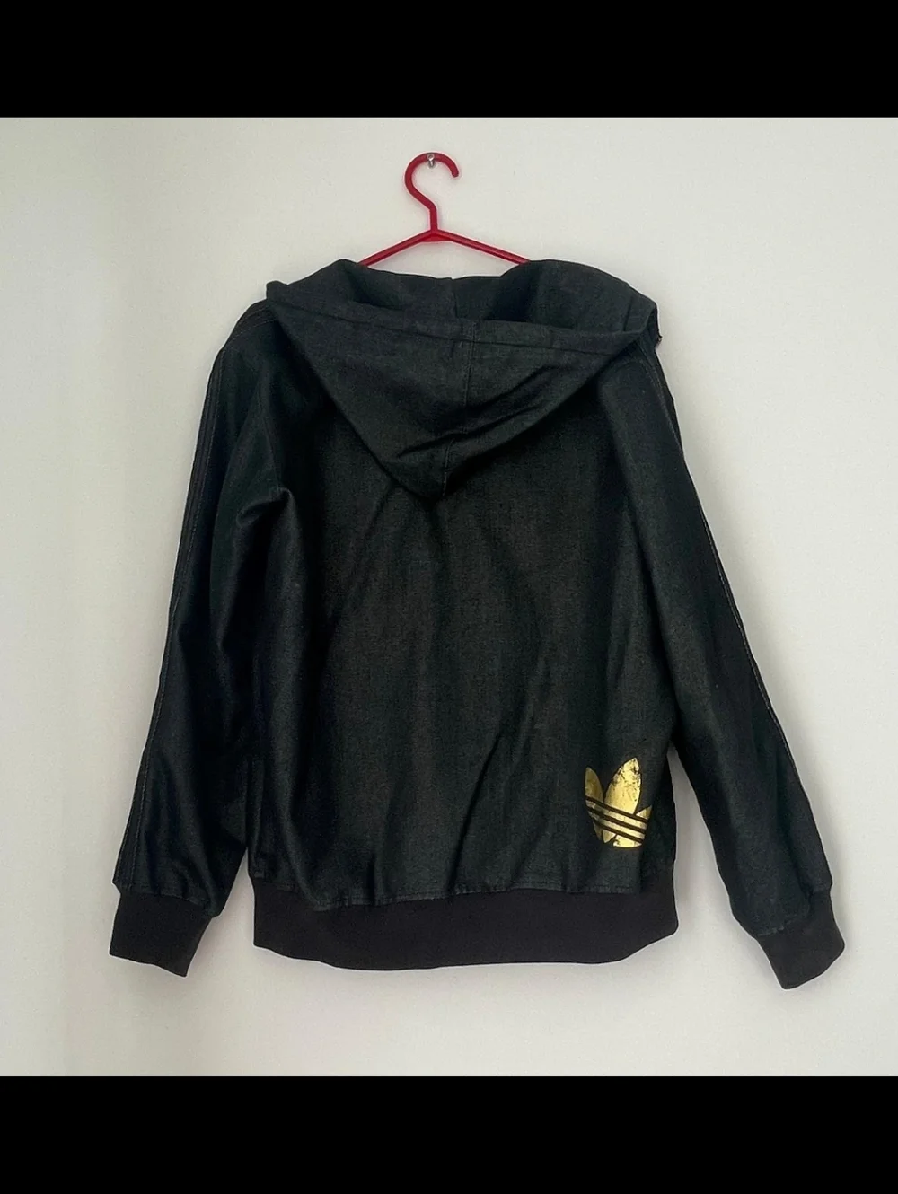 Adidas Black Denim Zip Hoodie ✦ Gold Trefoil ✦ Unisex Oversized L Y2K - Picture 3 of 7